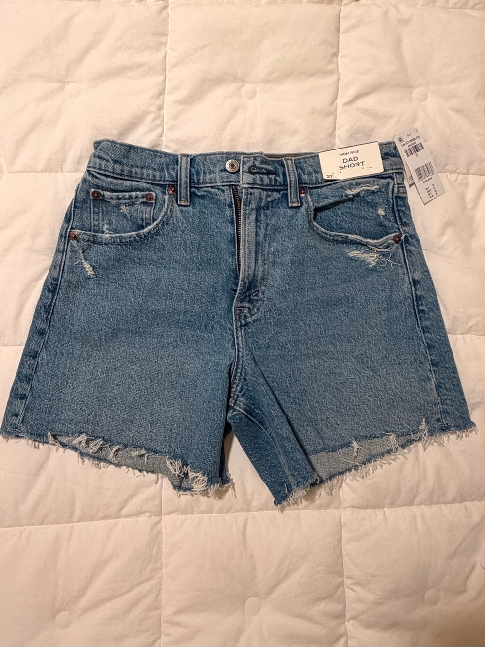 Abercrombie & Fitch Dad Short High-Rise Frayed Hem Denim Shorts - Blue